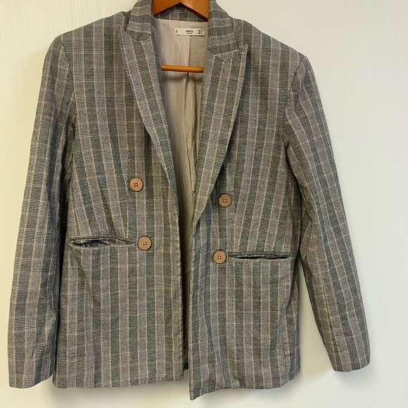Mango Cotton Blend Checkered Plaid Blazer wooden buttons‎ with red details Fall - Picture 4 of 9